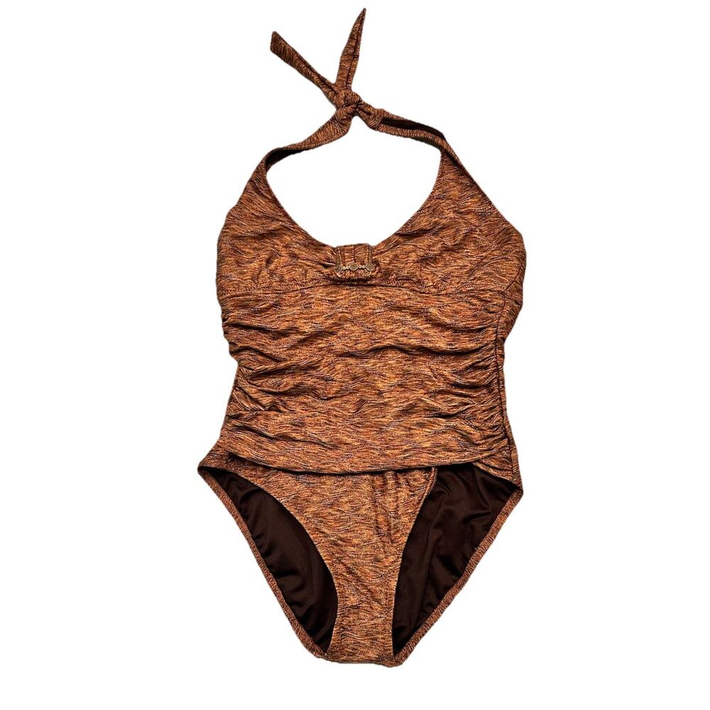 Anne Cole Bandeau Shirred 1PC Women's Swimsuit Shimmering Bronze Color Metallic